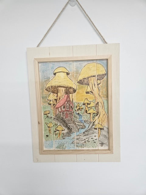 πΏ Hanging Mushroom Village Pyrography β Hand-Burned Woodland Wall Art by Tom Foxwell