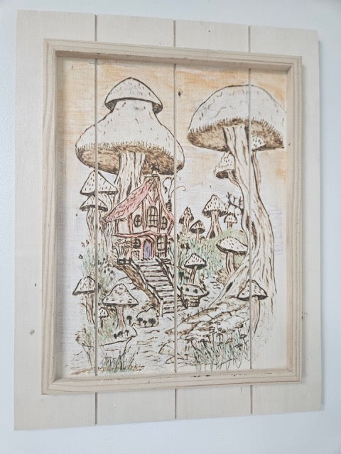 πΏ Framed Mushroom Village Pyrography β Hand-Burned Woodland Art by Tom Foxwell