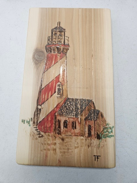 ๐ฟ Red Lighthouse Pyrography โ Hand-Burned Nautical Art by Tom Foxwell