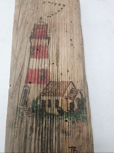 ๐ฟ Aged Red Lighthouse Pyrography โ Hand-Burned Coastal Decor by Tom Foxwell