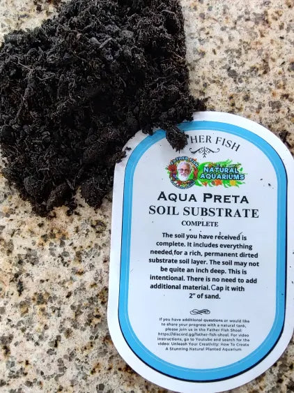 Aqua Preta soil substrate with a label on a textured surface