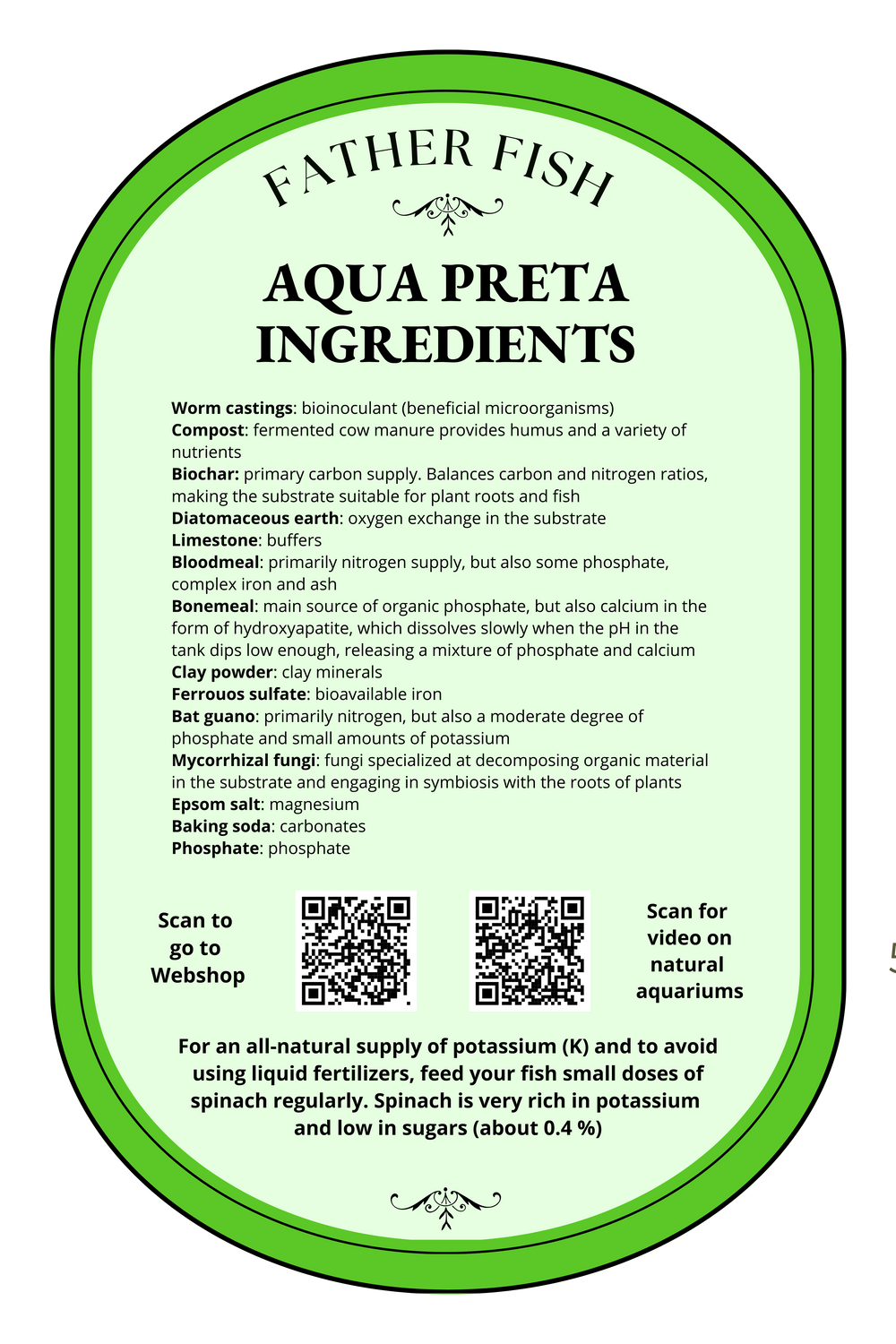 Aqua Preta Supplement back label with ingredients and directions