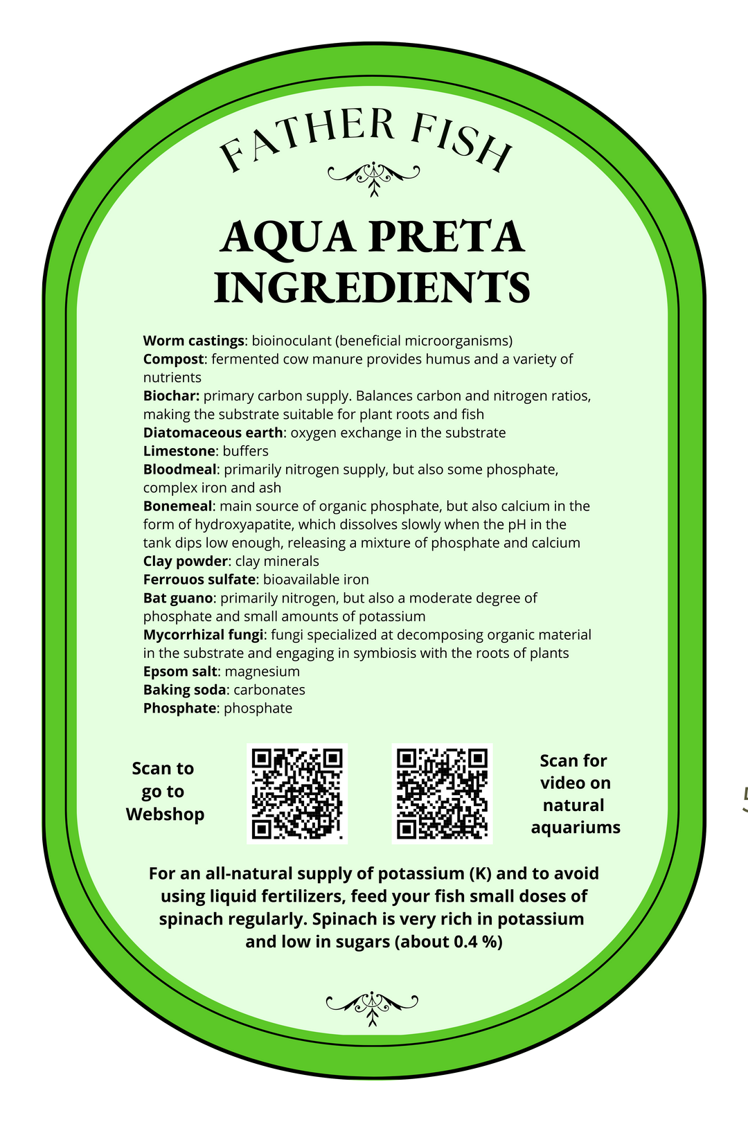 Aqua Preta Supplement back label with ingredients and directions
